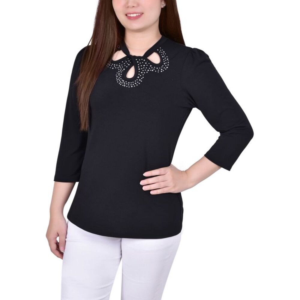 NY Collection Petite 3/4 Sleeve Knit Crepe Studded Keyhole Top